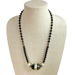 Vintage Onyx Necklace Mother of Pearl Accents Sterling 24" Estate Beauty